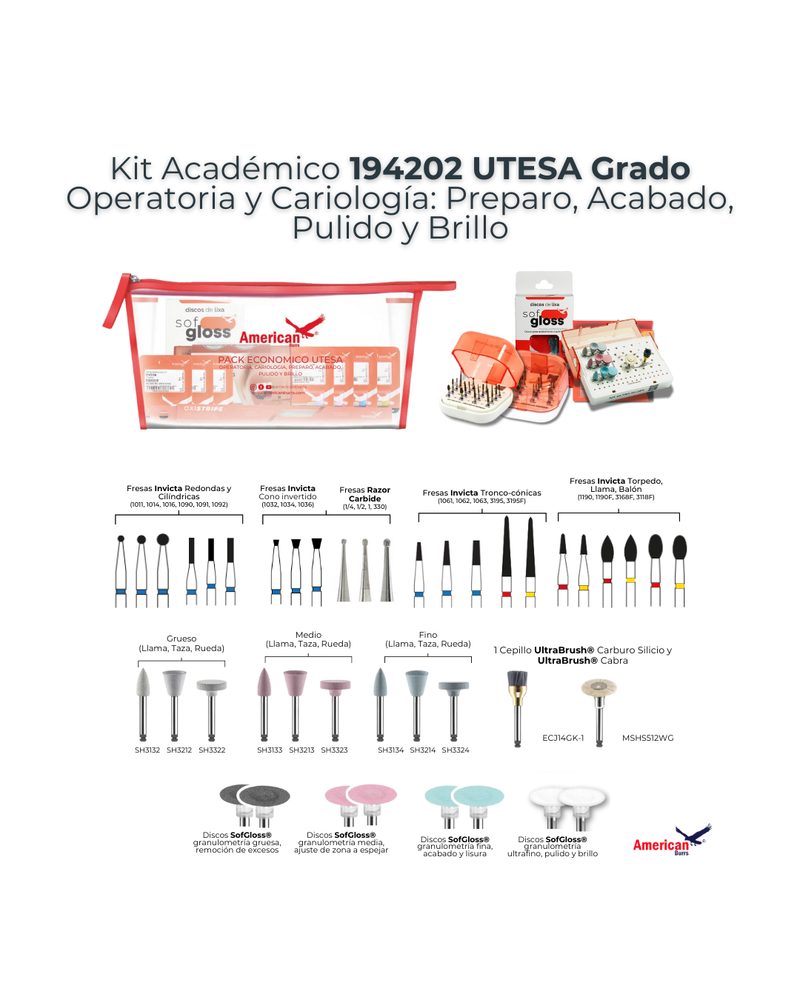 KIT ACADEMICO UTESA GRADO OPERATORIA, PREPARO, ACABADO Y PULIDO AMERICAN BURRS