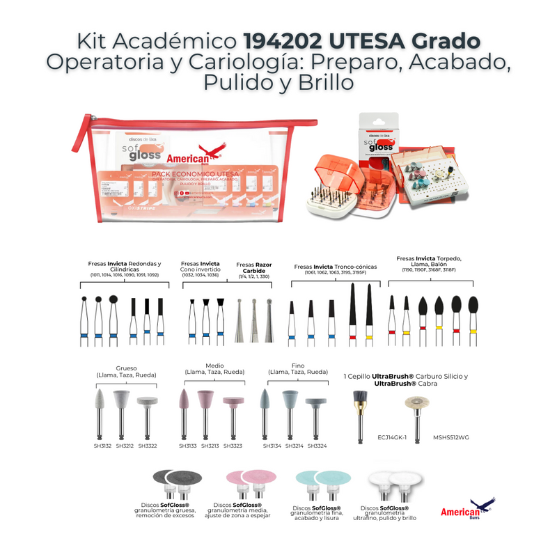 KIT ACADEMICO UTESA GRADO OPERATORIA, PREPARO, ACABADO Y PULIDO AMERICAN BURRS