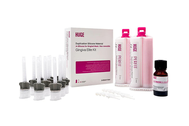 A-SILICONE FOR GINGIVAL MASK, HARD, Elite Kit, 2×50ml+12 mixers+12 oral tips+ 1×10ml separator HUGE DENTAL